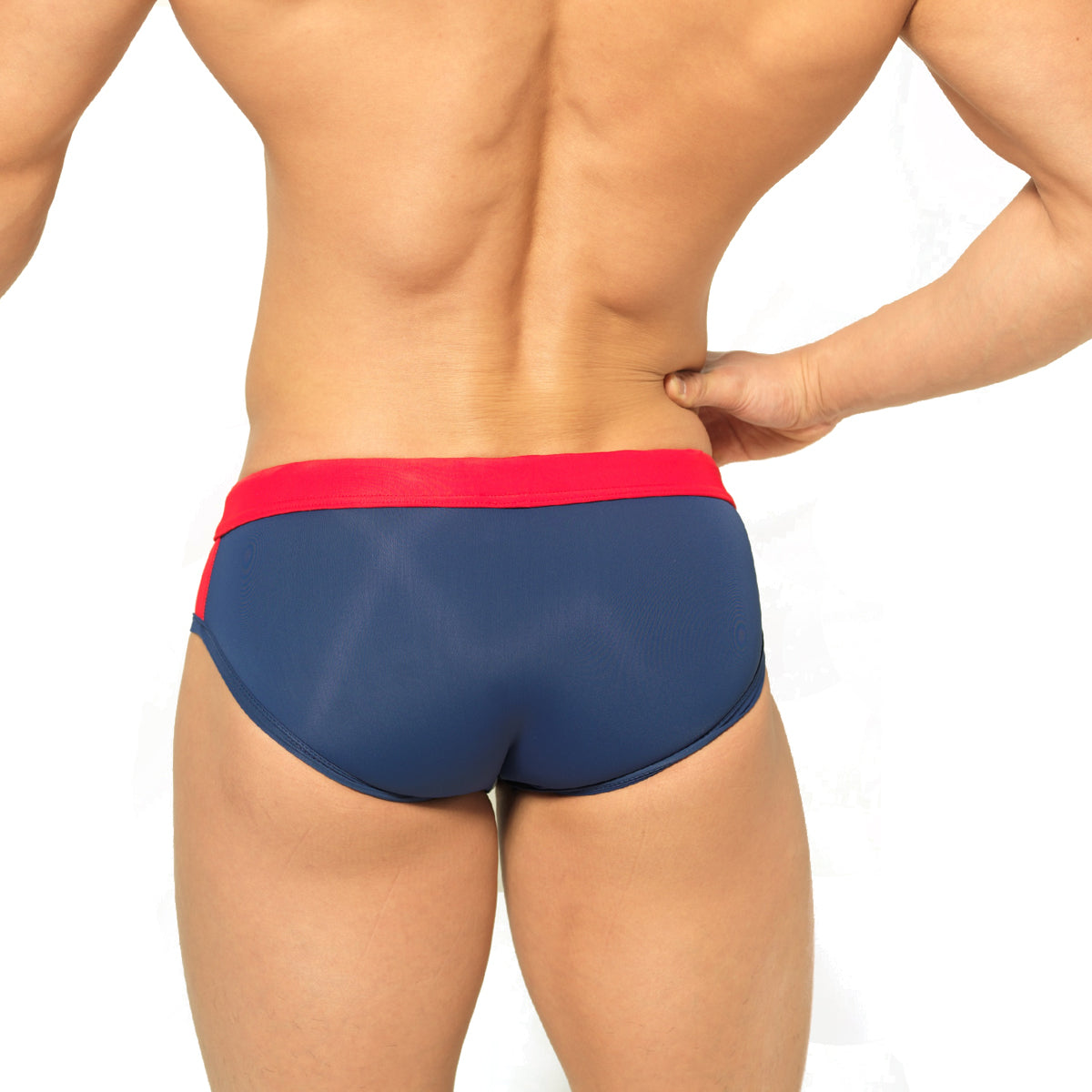 MetroMaleWear Reno swim brief navy 4962-28 features navy blue fabric with bold red waistband and side trim