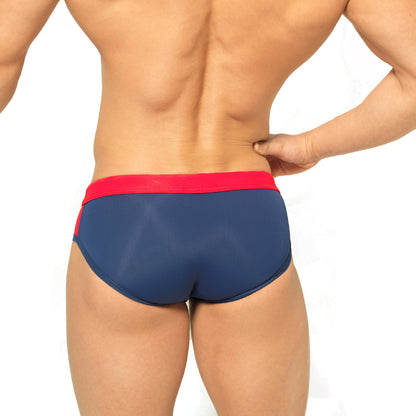 MetroMaleWear Reno swim brief navy 4962-28 features navy blue fabric with bold red waistband and side trim