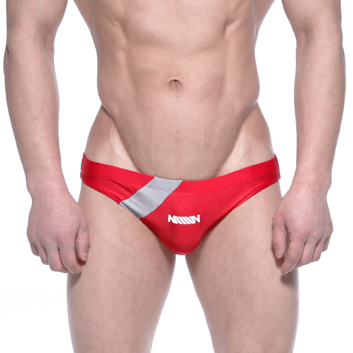 MetroMaleWear Ultimo bikini red athletic swim trunks with bold diagonal stripe design in red and silver