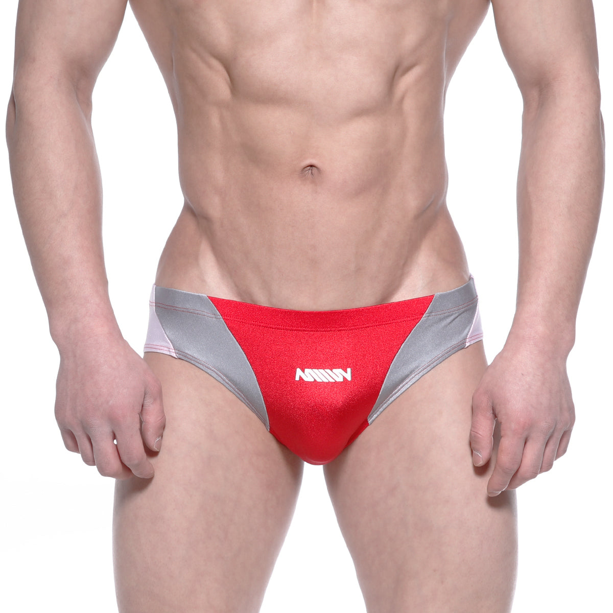 Red and silver metro malewear competidor bikini mens swim trunks with white logo on front for swimming and beachwear