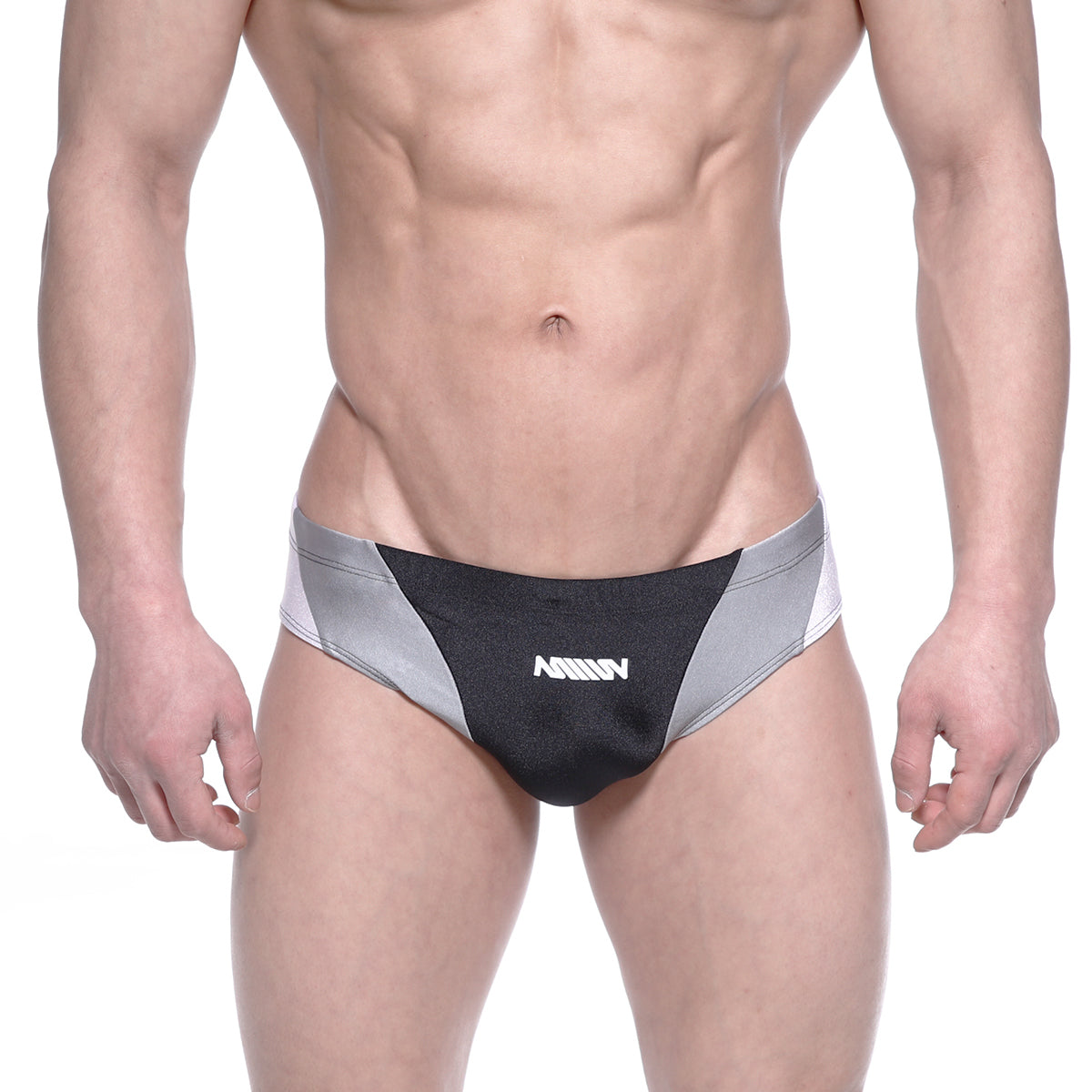 Black and silver MetroMaleWear Competidor bikini briefs with sleek design and white amin logo on front
