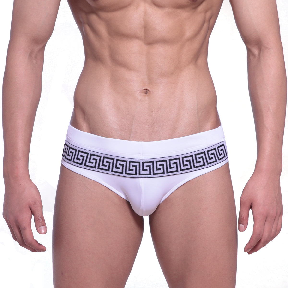 MetroMaleWear intenso white swim briefs with bold black greek key pattern on waistband for stylish swimwear