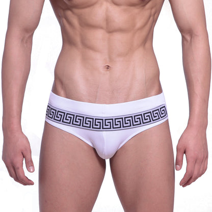MetroMaleWear intenso white swim briefs with bold black greek key pattern on waistband for stylish swimwear
