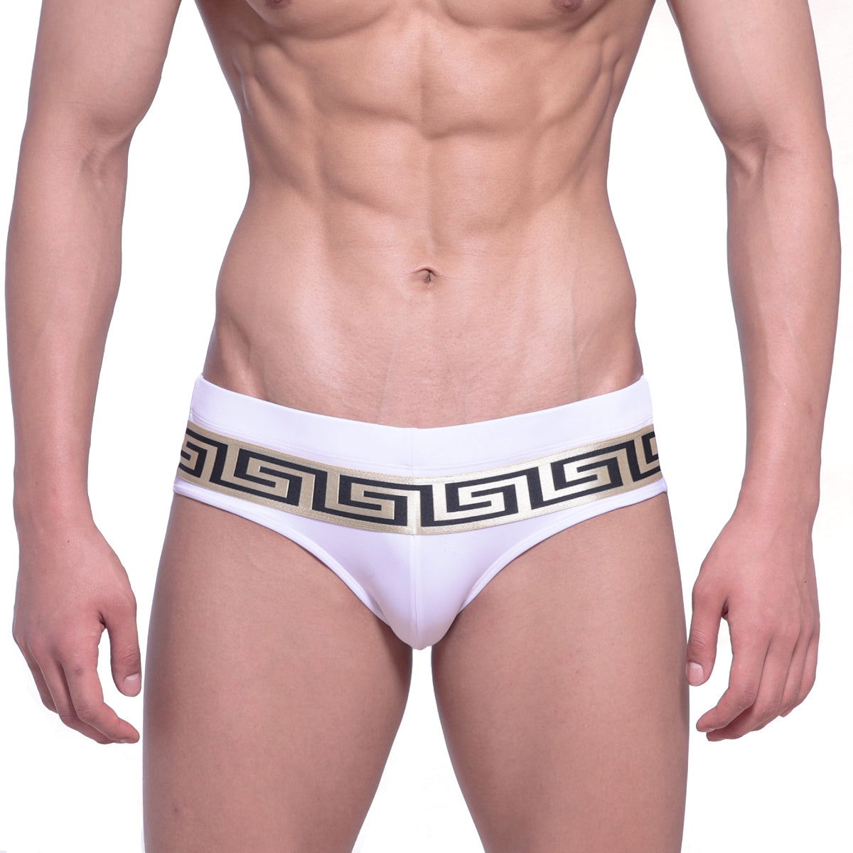 White metro malewear intenso swim briefs with bold black and gold greek key waistband pattern 4966-01