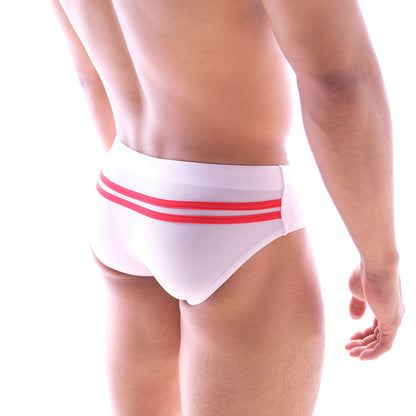 MetroMaleWear Alora swim brief white with two bold red stripes on waistband for stylish beachwear use