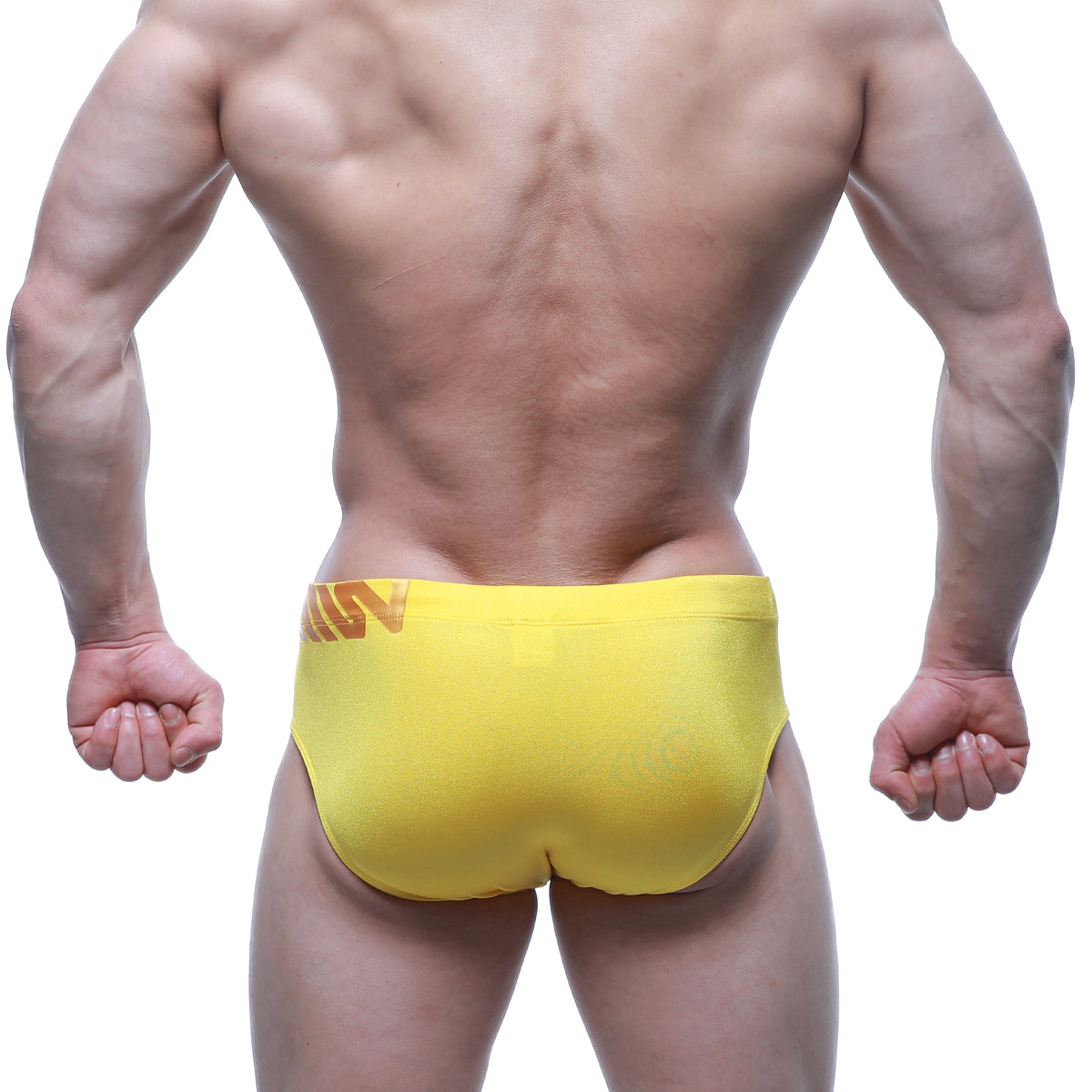 Bright yellow metroMalewear Rubio Swim Brief 4966-15 with subtle orange logo on waistband for athletic use