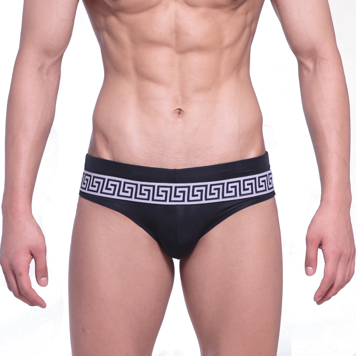 MetroMaleWear Intenso swim brief black with bold white Greek key pattern on the waistband for stylish swimwear