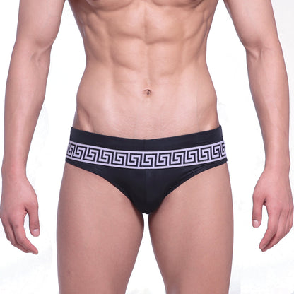 MetroMaleWear Intenso swim brief black with bold white Greek key pattern on the waistband for stylish swimwear