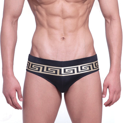 Metro malewear intenso black swim brief with gold greek key pattern along waistband for stylish beachwear