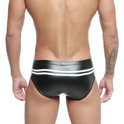 Black shiny faux leather swim trunks with two white stripes on waistband metroMalewear Alexander Competition Suit 4966-30