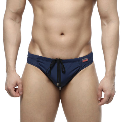 Navy blue MetroMaleWear Bosillo swim bikini with black drawstring and zipper detail perfect for casual swimwear