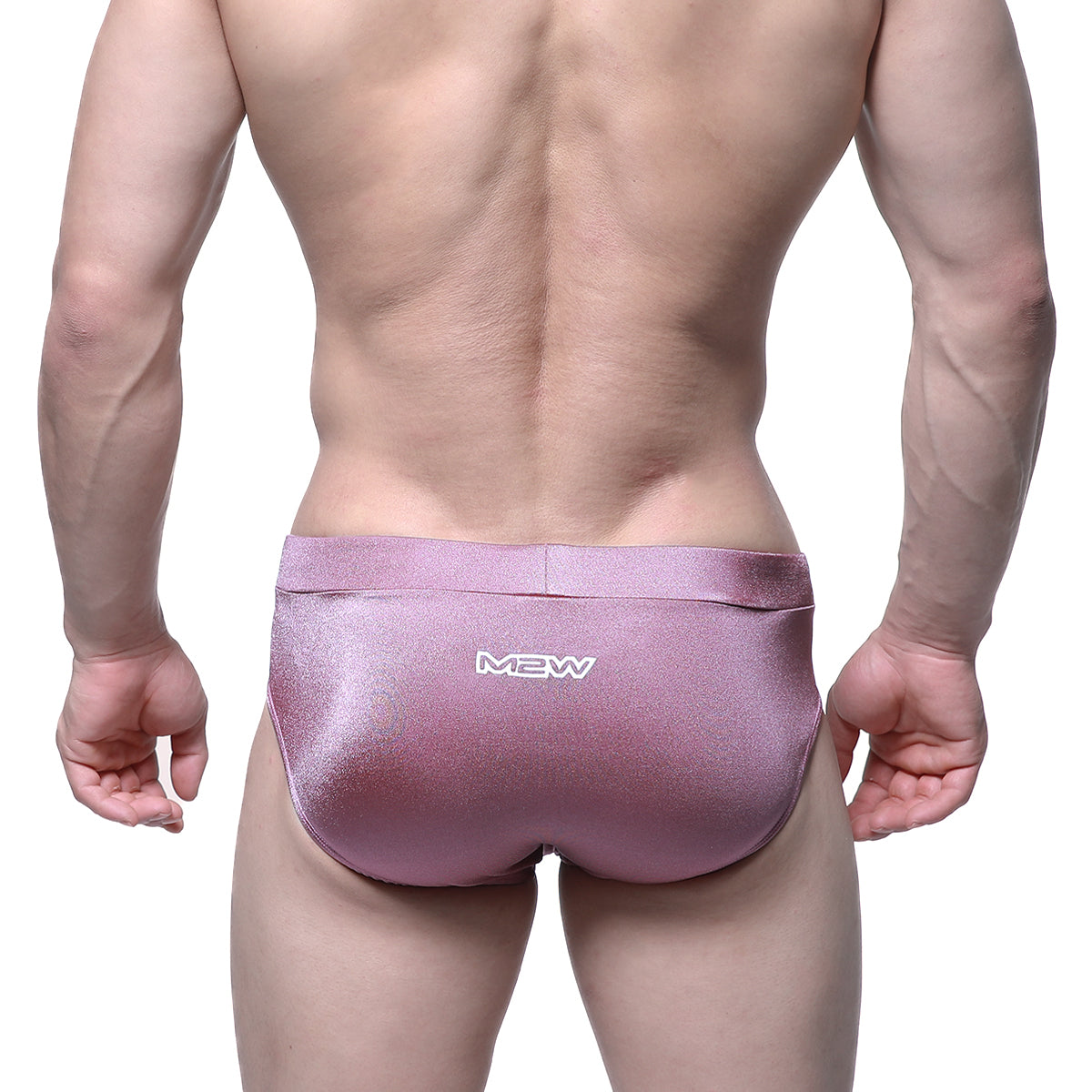 Pink metallic MetroMaleWear Madrid swim briefs with a subtle gradient finish and white mew logo on the waistband