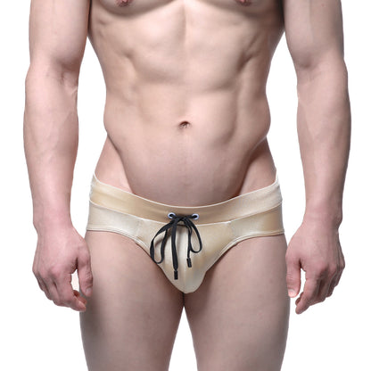 Beige satin briefs with black drawstring ties metro male wear madrid swim brief gold 4973-21