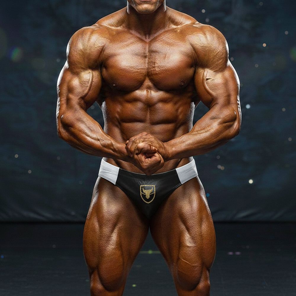 Black and white athletic briefs with gold bull emblem from MetroMaleWear MetroMuscleWear Ethan competition suit 4974-01