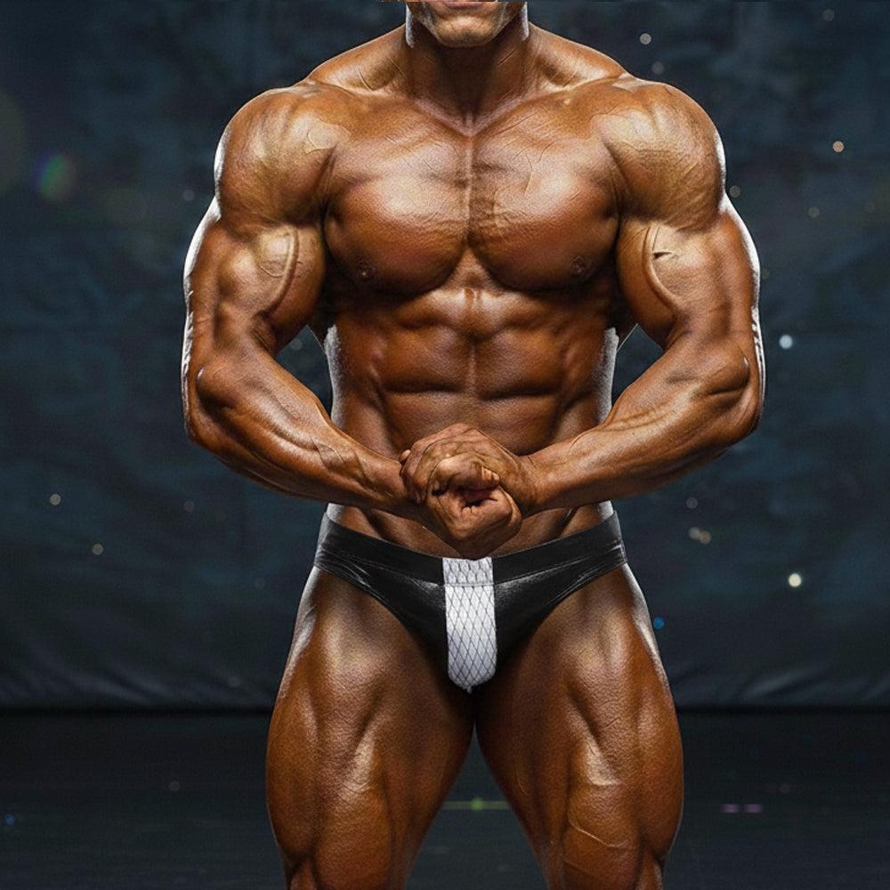 Black and white mesh briefs with a silver diamond-patterned panel from MetroMaleWear David Competition Suit 4974-02