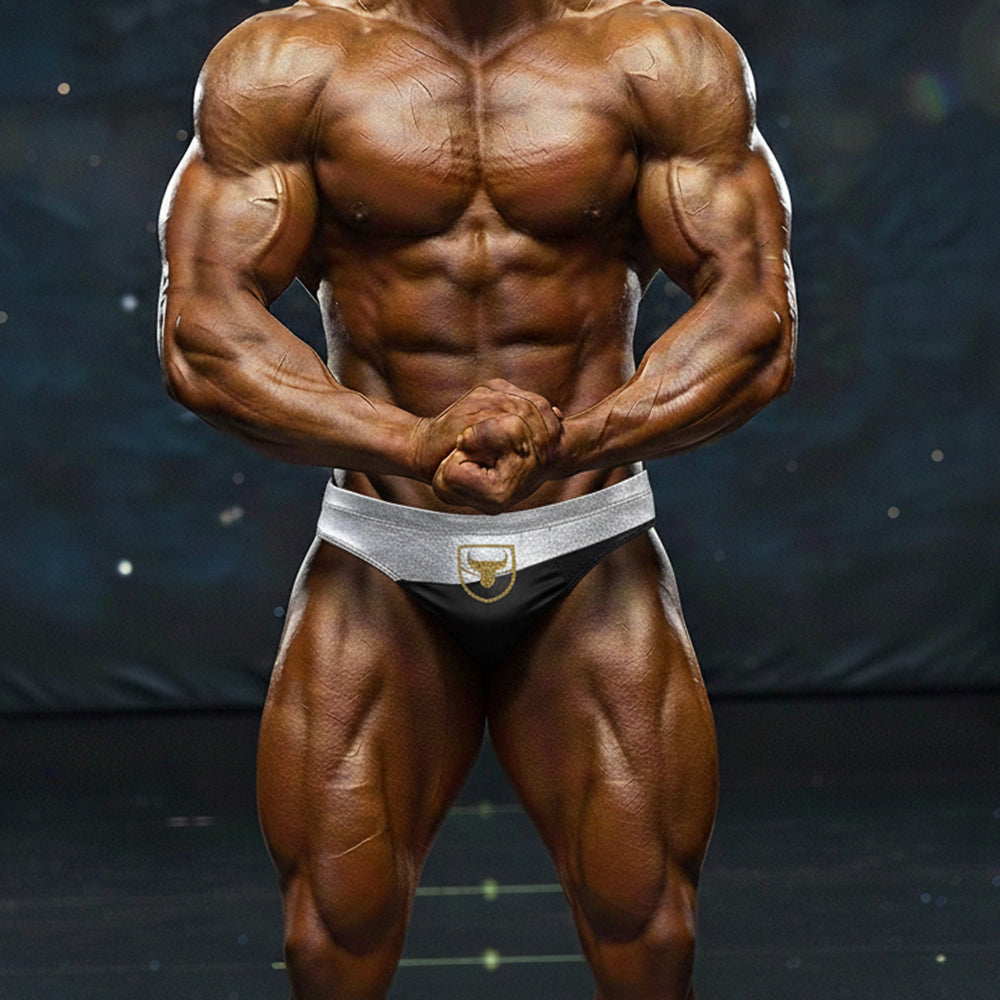 Black and silver athletic briefs with gold bull logo on waistband from metro male wear samuel competition suit 4974-03