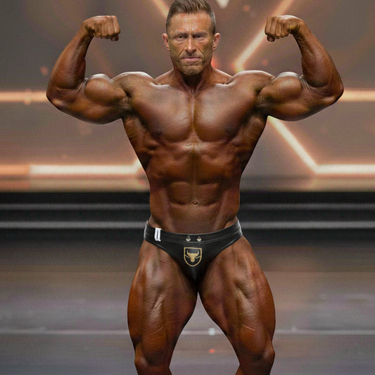 Black briefs with gold bull emblem from MetroMaleWear MetroMuscleWear Noah Competition Suit 4974-08