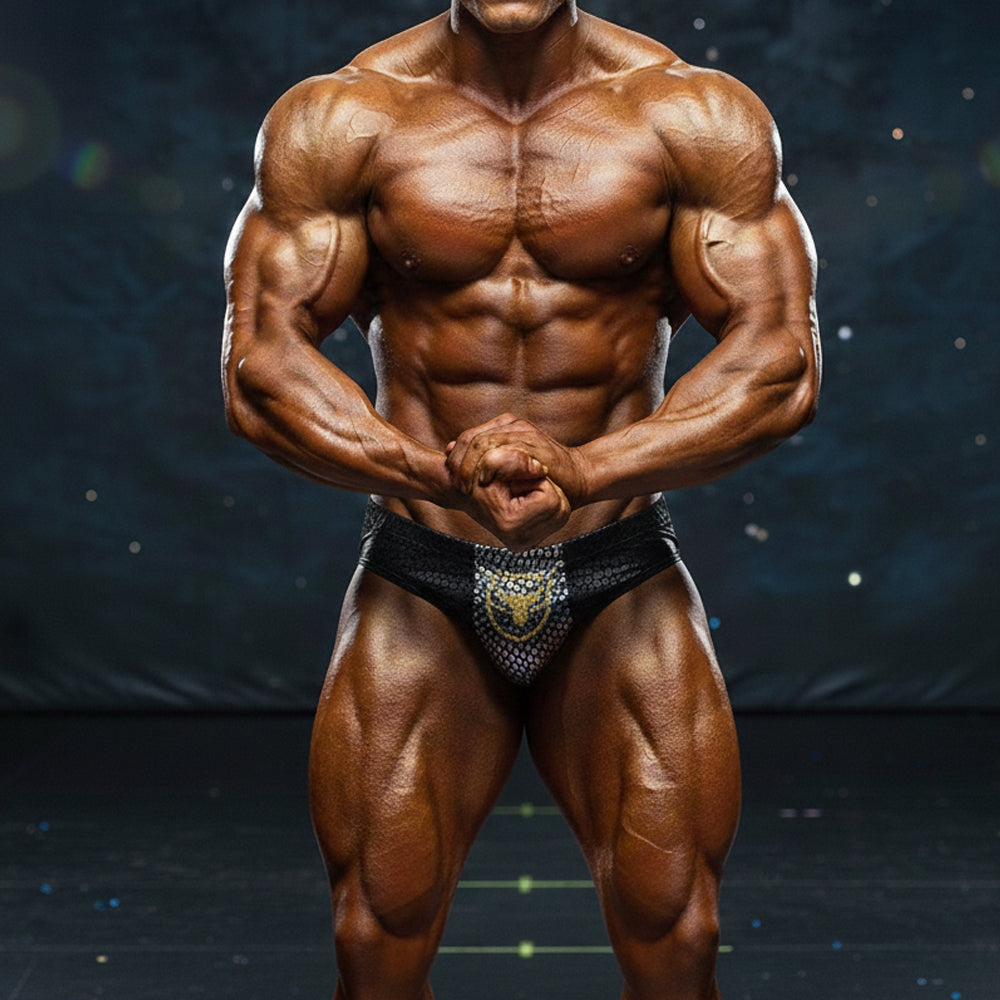 Black and gold patterned bodybuilding briefs with textured mesh fabric from MetroMaleWear Liam Competition Suit