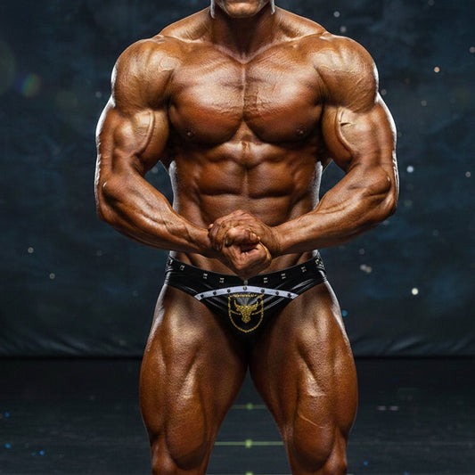 Black and gold MetroMaleWear MetroMuscleWear Benjamin competition briefs with golden bull emblem on front