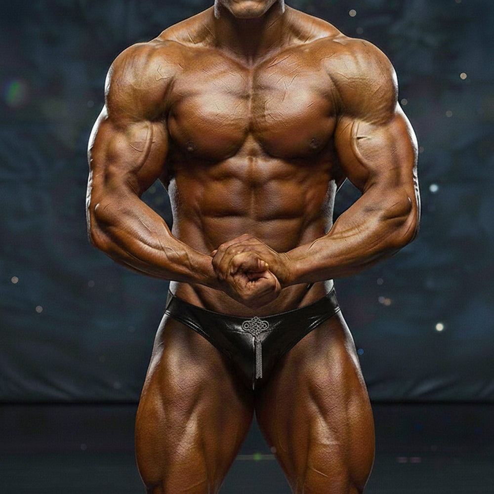 Black leather briefs with silver keyhole design front by metromalewear metromusclewear competition suit black 4974-20