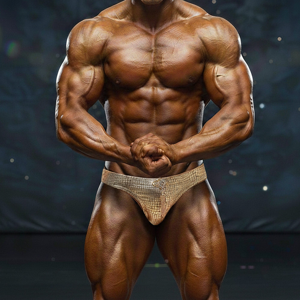 Gold-toned crocodile-skin patterned bodybuilding briefs metroMaleWear metroMuscleWear competition suit gold 4974-21