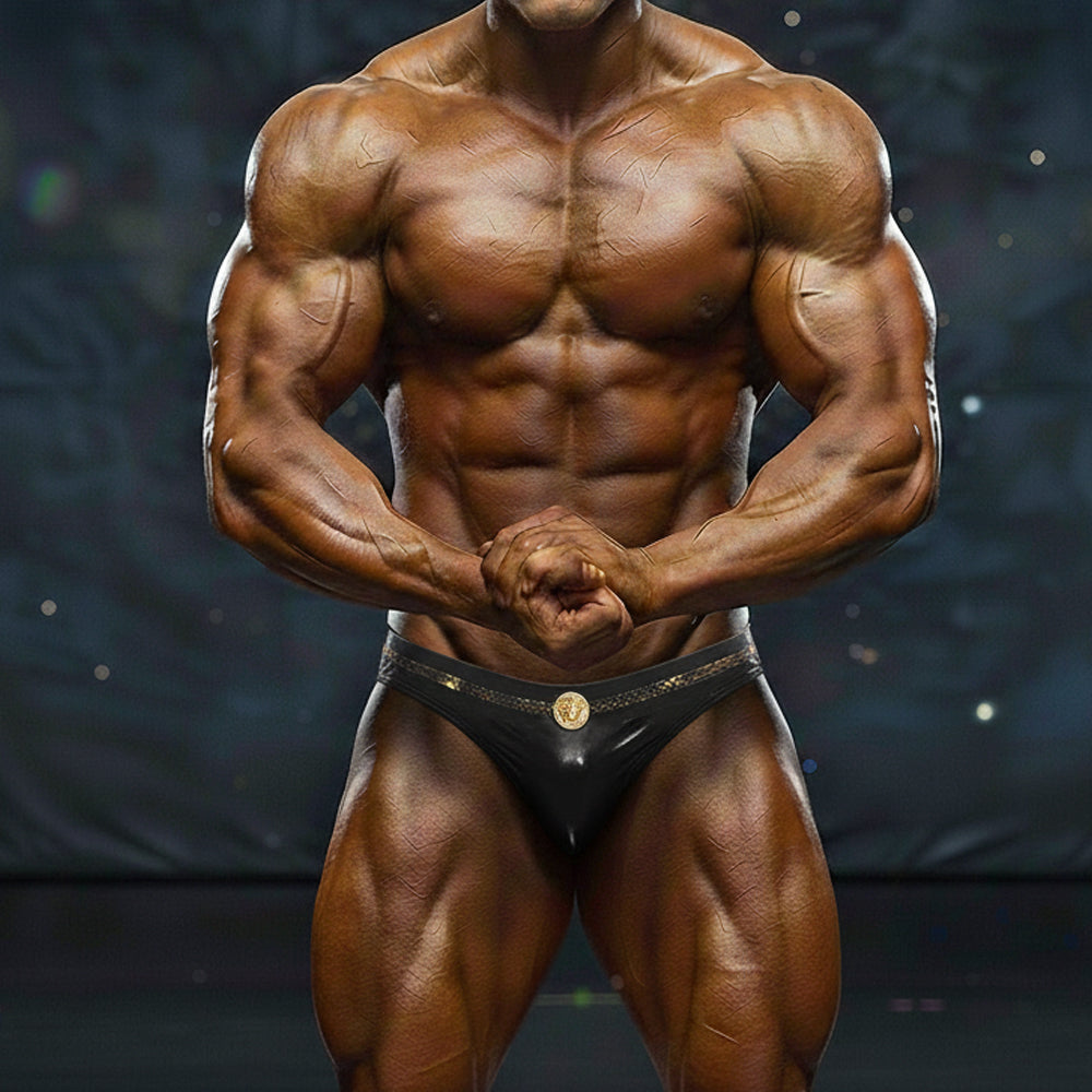 Black satin briefs with gold versace medusa emblem at waistband from metromalewear emblem competition suit 4974-22