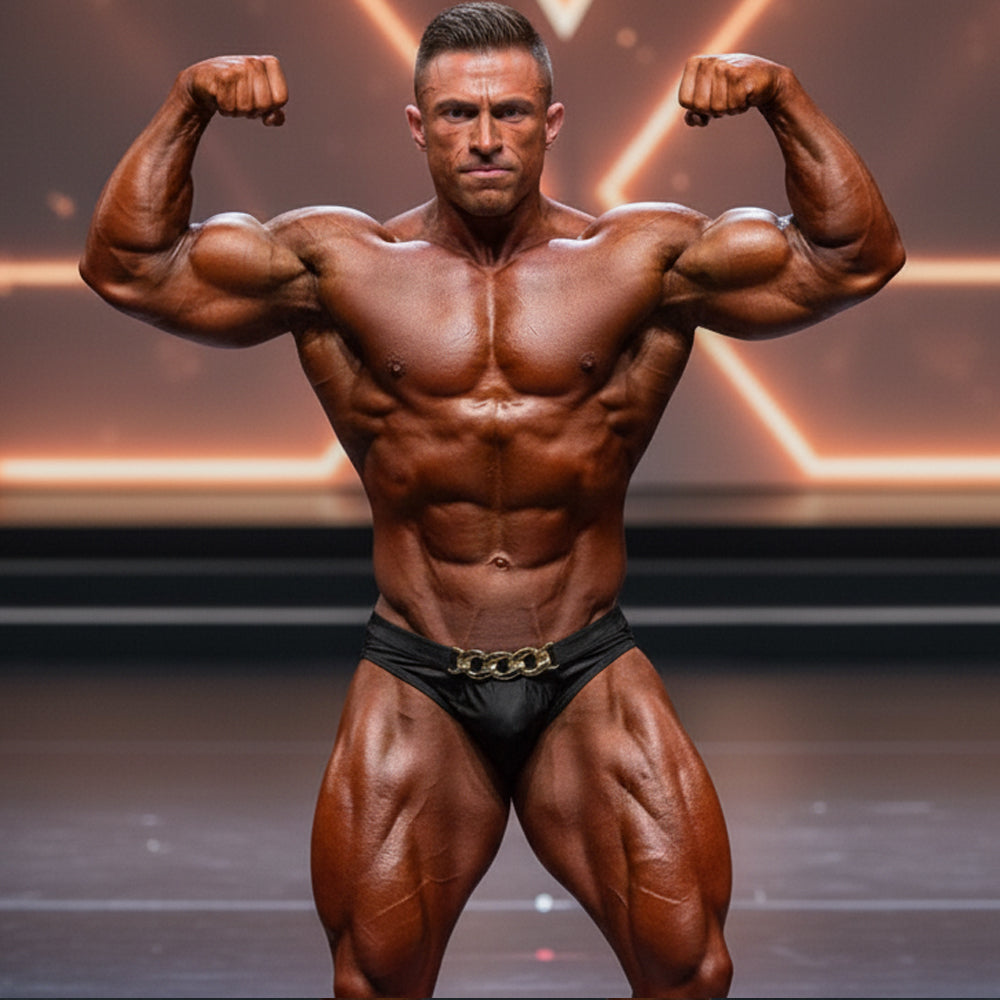 A muscular man wearing a black MetroMaleWear MetroMuscleWear Cadena Gold competition suit with a gold chain belt