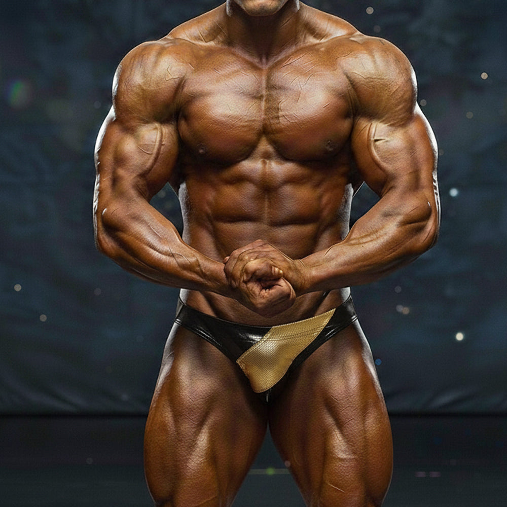 A muscular man wearing black and gold MetroMaleWear MetroMuscleWear competition briefs for bodybuilding contests