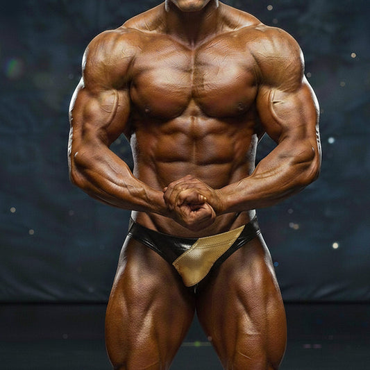 A muscular man wearing black and gold MetroMaleWear MetroMuscleWear competition briefs for bodybuilding contests