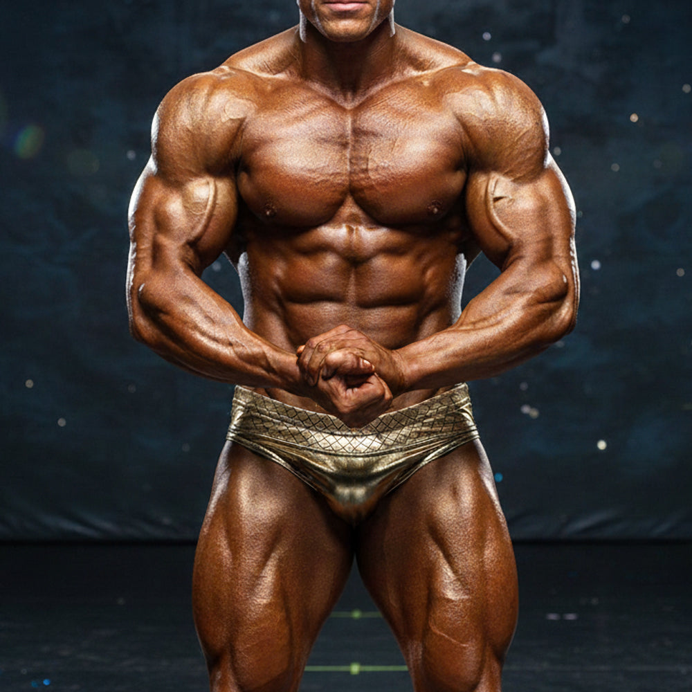 A muscular man wearing shiny gold patterned MetroMaleWear Charles competition briefs for bodybuilding