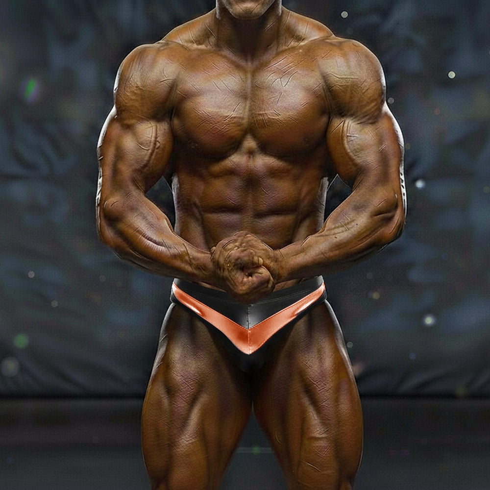 A muscular man wearing black and copper MetroMaleWear MetroMuscleWear Mark competition briefs for bodybuilding