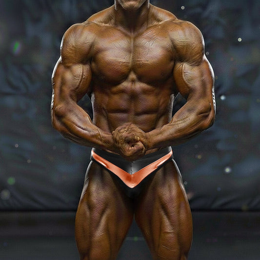 A muscular man wearing black and copper MetroMaleWear MetroMuscleWear Mark competition briefs for bodybuilding