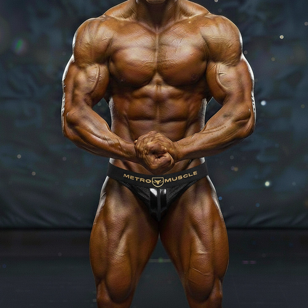 Black metro muscle briefs with a gold logo and central vertical seam from MetroMaleWear Sebastian Competition Suit 4974-44