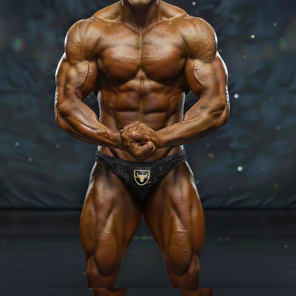 Black athletic briefs with gold bull logo front by MetroMaleWear MetroMuscleWear Theodore Competition Suit