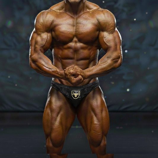 Black athletic briefs with gold bull logo front by MetroMaleWear MetroMuscleWear Theodore Competition Suit