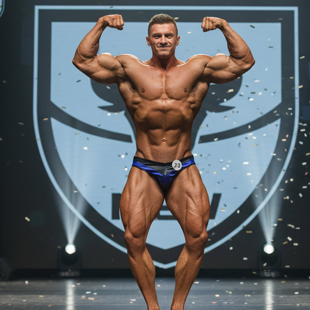 A muscular man flexing in a royal blue and black MetroMaleWear MetroMuscleWear Mark Competition Suit briefs 23 waistband