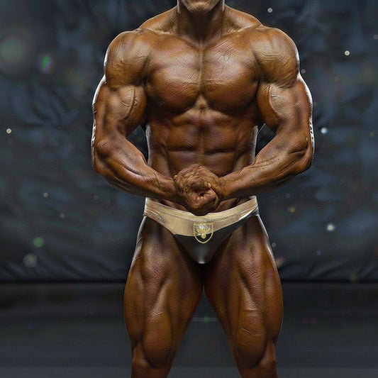 MetroMaleWear MetroMuscleWear Samuel competition suit black and gold briefs with metallic lion emblem for bodybuilding