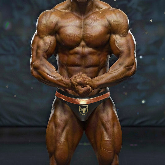 Black and copper-trimmed MetroMaleWear Hudson bodybuilding briefs with a gold bull emblem for competition use