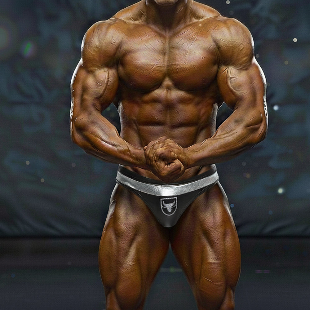 Silver briefs with black bull logo from MetroMaleWear MetroMuscleWear Hudson Competition Suit 4974-65 in front view