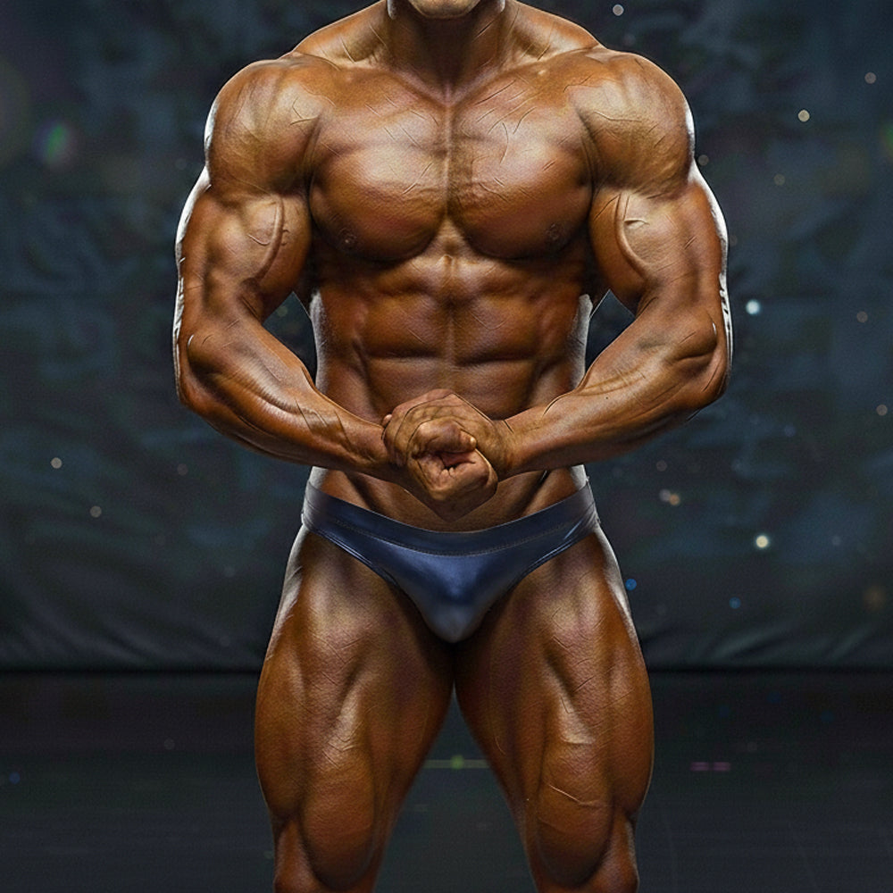 A muscular male bodybuilder wearing a dark blue form-fitting metro musclwear basic competition suit front view
