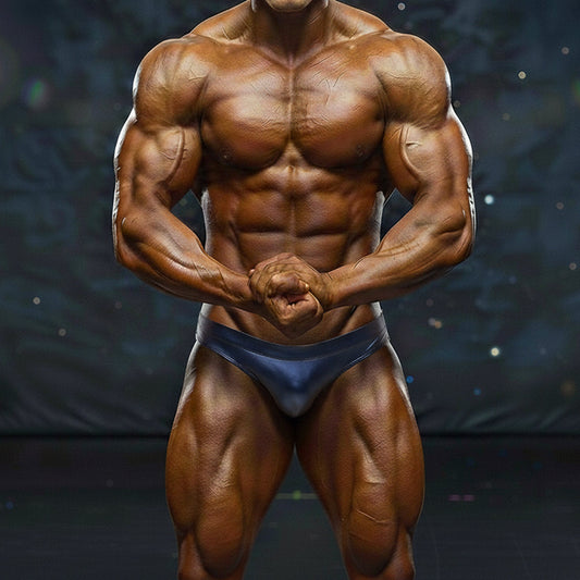 A muscular male bodybuilder wearing a dark blue form-fitting metro musclwear basic competition suit front view
