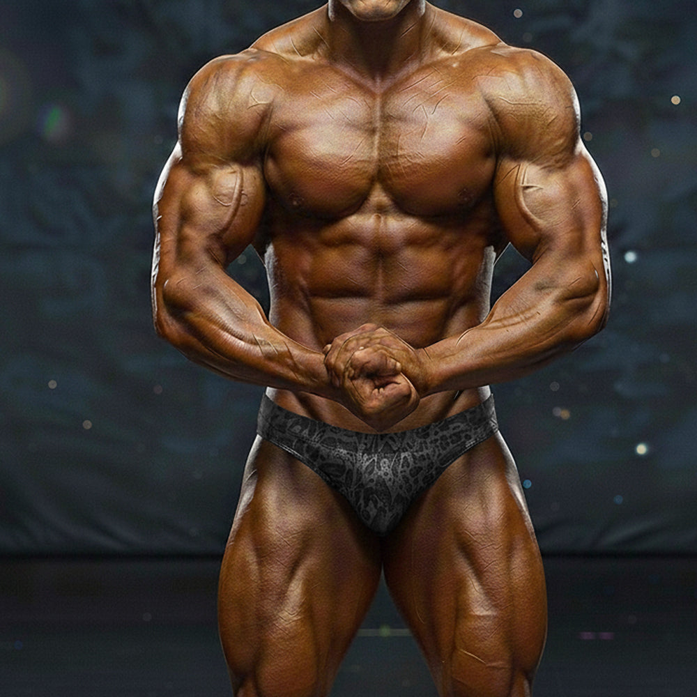 A dark gray patterned athletic brief with subtle intricate design from MetroMaleWear MetroMuscleWear basic competition suit