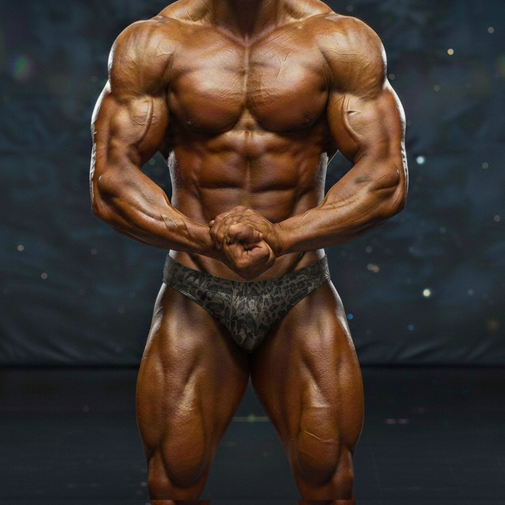 A muscular male bodybuilder wearing dark gray patterned briefs in MetroMaleWear MetroMuscleWear basic competition suit gold