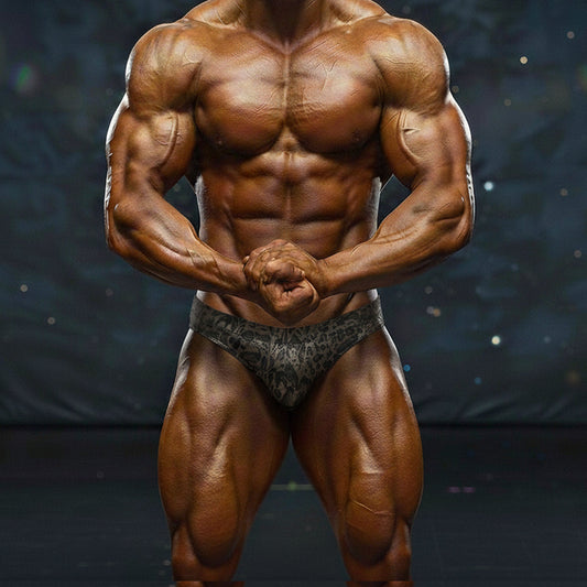 A muscular male bodybuilder wearing dark gray patterned briefs in MetroMaleWear MetroMuscleWear basic competition suit gold