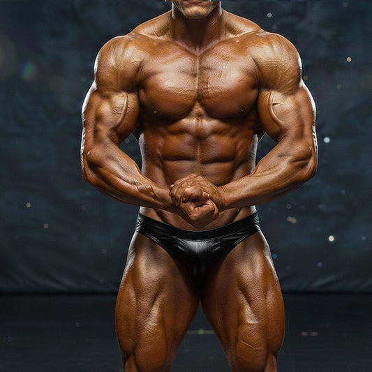 A muscular male bodybuilder wearing a sleek black latex brief metrocompetitionsuit by metromalewear