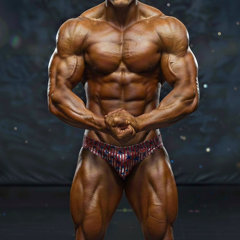 A muscular man wearing red white and blue patterned MetroMaleWear MetroMuscleWear basic competition briefs