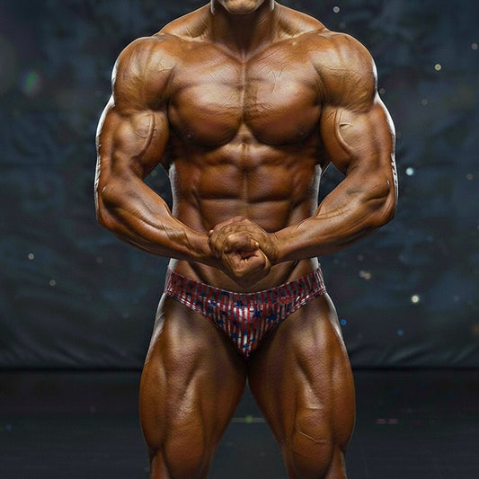 A muscular man wearing red white and blue patterned MetroMaleWear MetroMuscleWear basic competition briefs