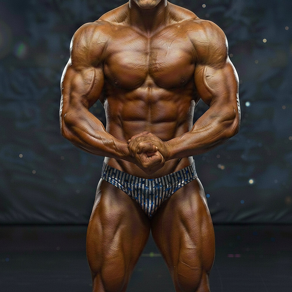 A muscular male bodybuilder wearing metro musclewear basic competition suit black stripe briefs in blue and white stripes