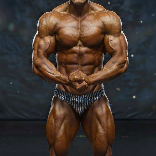 A muscular male bodybuilder wearing metro musclewear basic competition suit black stripe briefs in blue and white stripes