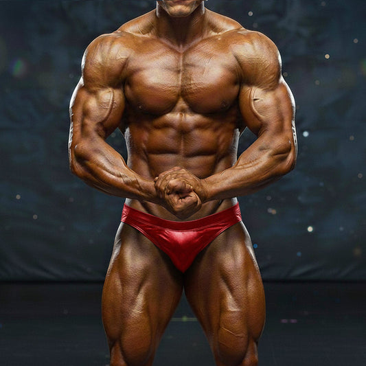 A muscular man wearing shiny red metro musclwear basic competition suit briefs for bodybuilding contests